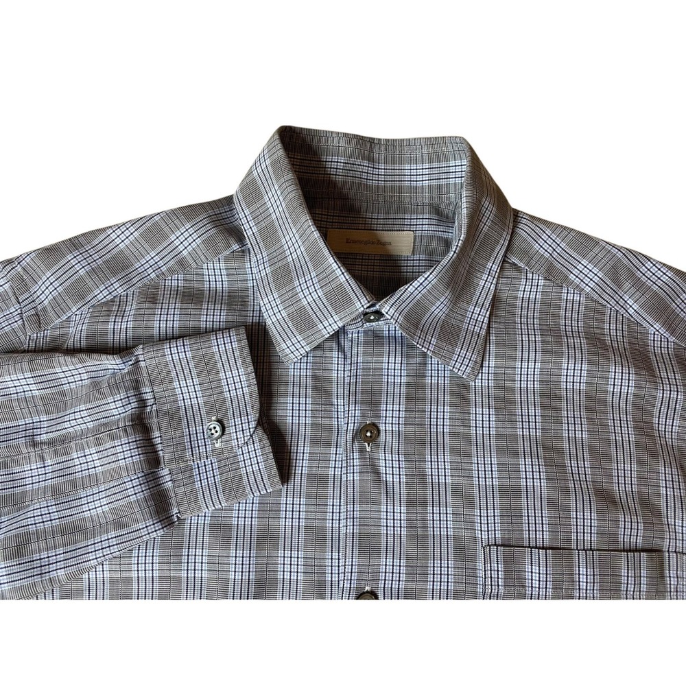 Ermenegildo Zegna Dress Shirt Plaid Long Sleeve Mens Size Large Blue Italy